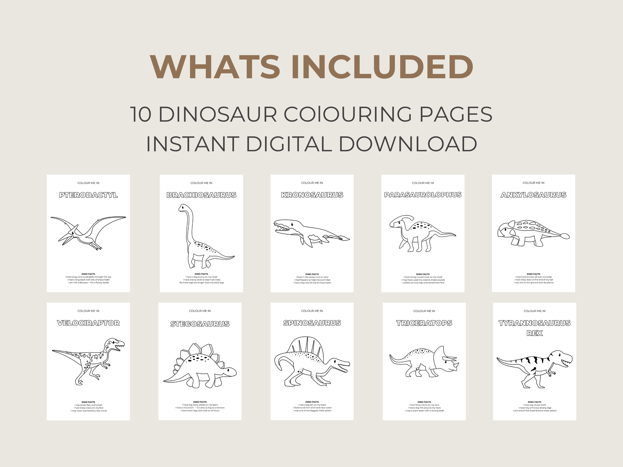 10 Free Dinosaur Colouring Pages  - Digital Download