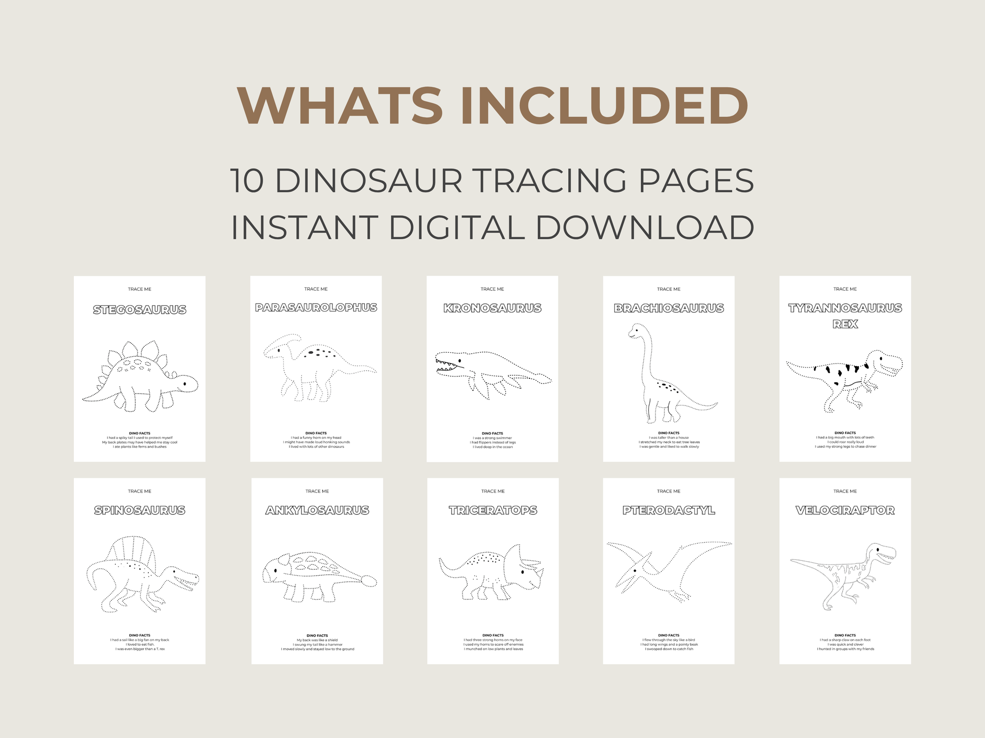 10 Free Dinosaur Tracing Pages - Digital Download
